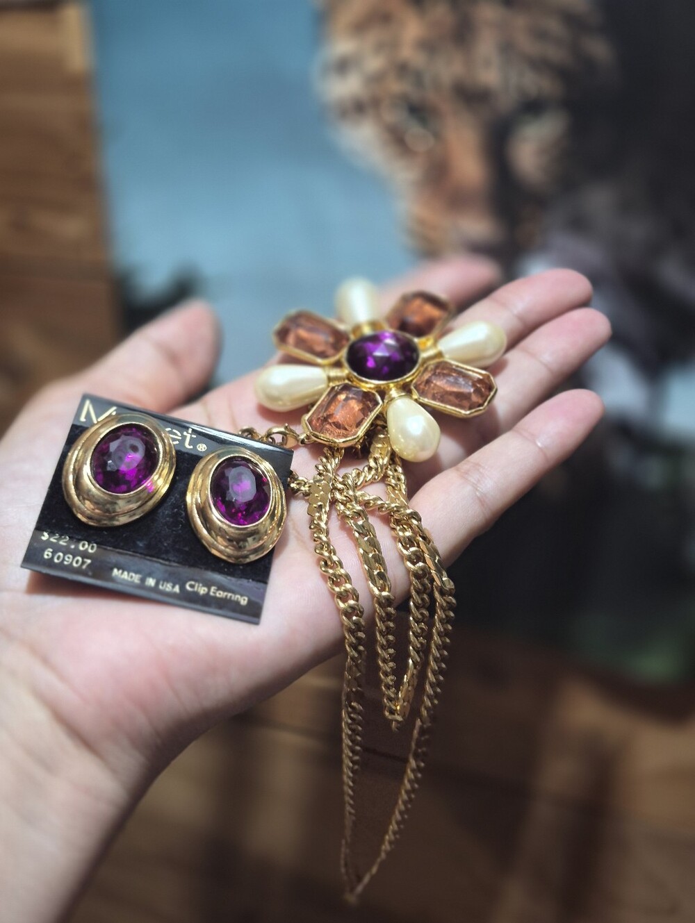 Vintage Monet Chain Necklace with Purple Stone Set
